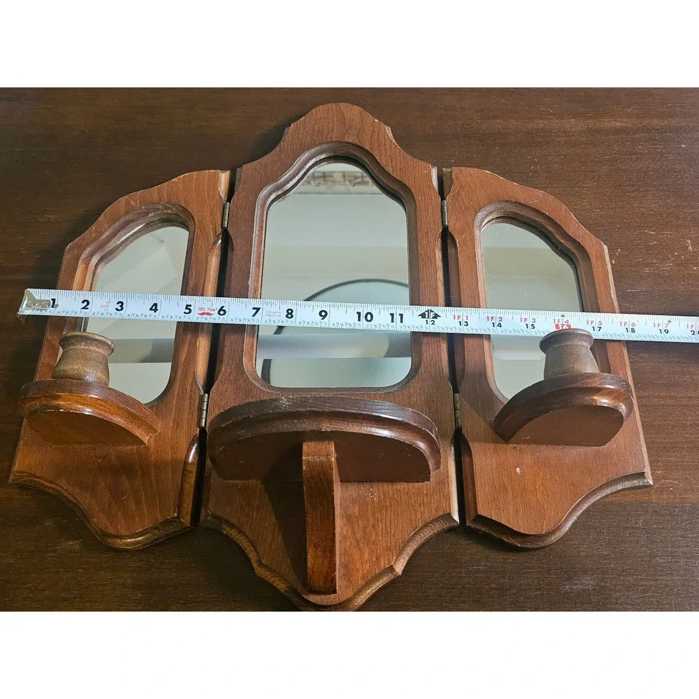Triptych Wall Mirror Home Decor Brown Wood Folding Candle Sconce Shelf